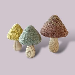 Felted Wool, Chenille & Wood Mushrooms Set of 3 4”-5.5”